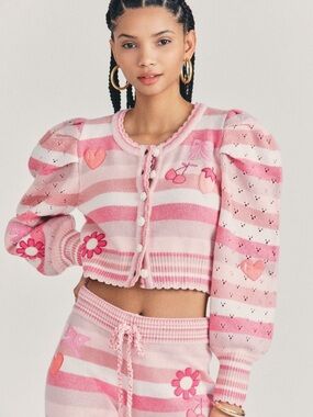 LoveShackFancy Vesper Patchwork Knit Cropped Cardigan Pink